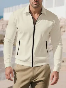 Men's Spring Summer Fashion Plain Long Sleeve Jacket Shirt, Waffle Pattern and Zip Pocket Design, Ideal for Travel and Work, Fashionable Jacket