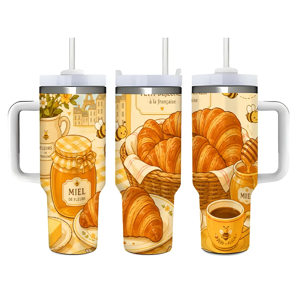 40oz Cute Honey Bee and French Croissant Stainless Steel Tumbler， Tumbler with Handle and Straw Double Wall Vacuum Insulated Travel Mug， Coffee Cups With Lids， Perfect Gifts For Birthday Holidays.
