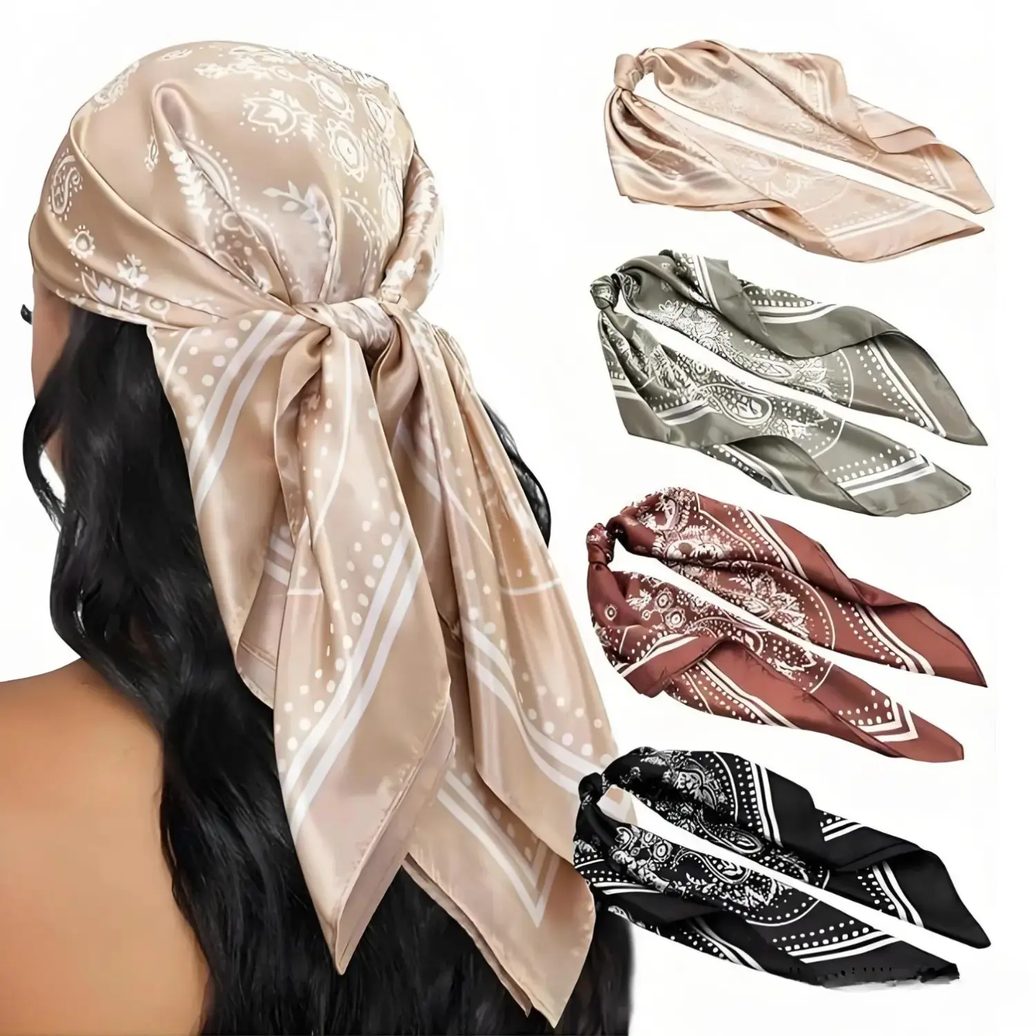 Women's 4PCS 35" Silk-Like Satin Square Shawl - Boho Adjustable Turban, Satin Lined Scarf Head Wrap, Neck Cover for Sleeping (Sports & Outdoor Accessory), Adjustable Turban Wrap