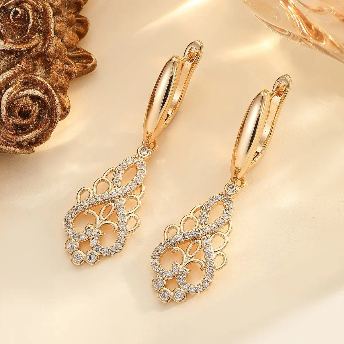 Statement Filigree Infinity Hoop Earrings for Women, 4.3 cm Copper Dangles with Pavé Crystals, Lightweight for Daily Wear & Special Events, 1 Pair, Crystal Dangles, 4.3 Cm Length, 1.2 Cm Width