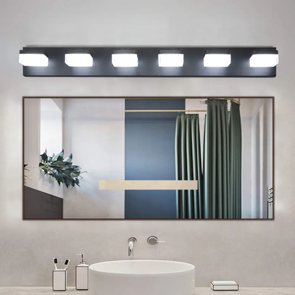 Nokaa Modern 6-Light LED Vanity Mirror Light Fixture for Bathroom Makeup Table, 36W Hardwired Wall Mount Black Metal Frame with Frosted Acrylic Shade, Damp Rated Anti-Corrosion Moisture Proof, 38.2 Inch, Black Color Options, Acrylic/Iron Material