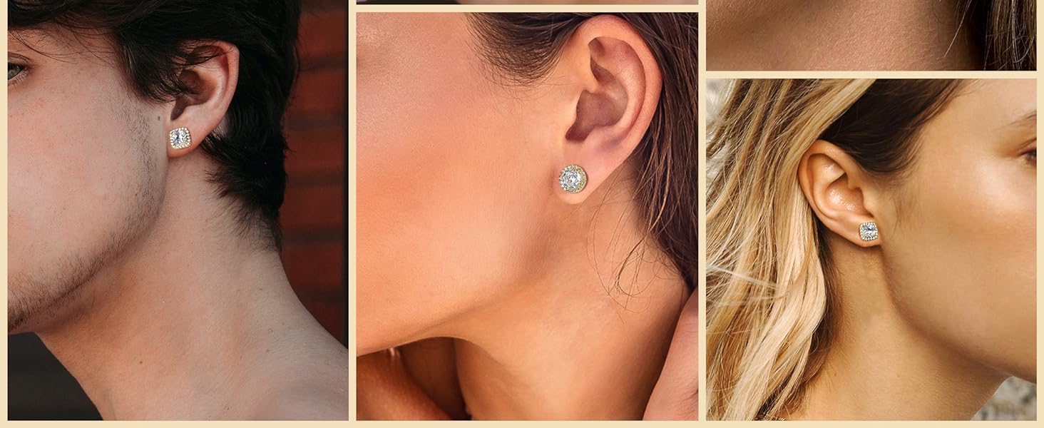 Trendy 18K Gold Plated Halo Stud Earrings 925 Sterling Silver Cubic Zirconia Stud Earrings Round Square Diamonique Stud Earrings Set for Women Men