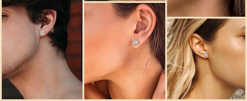 Trendy 18K Gold Plated Halo Stud Earrings 925 Sterling Silver Cubic Zirconia Stud Earrings Round Square Diamonique Stud Earrings Set for Women Men