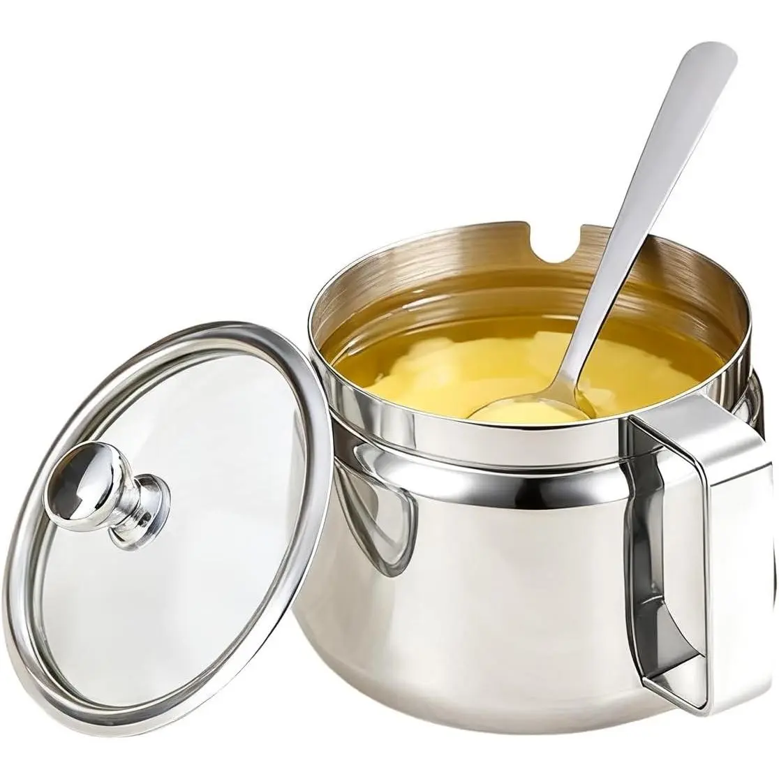 500mL Large Stainless Steel Ghee Pot, Oil Storage Container with Lid, Spoon & Handle for Kitchen and Pooja Items