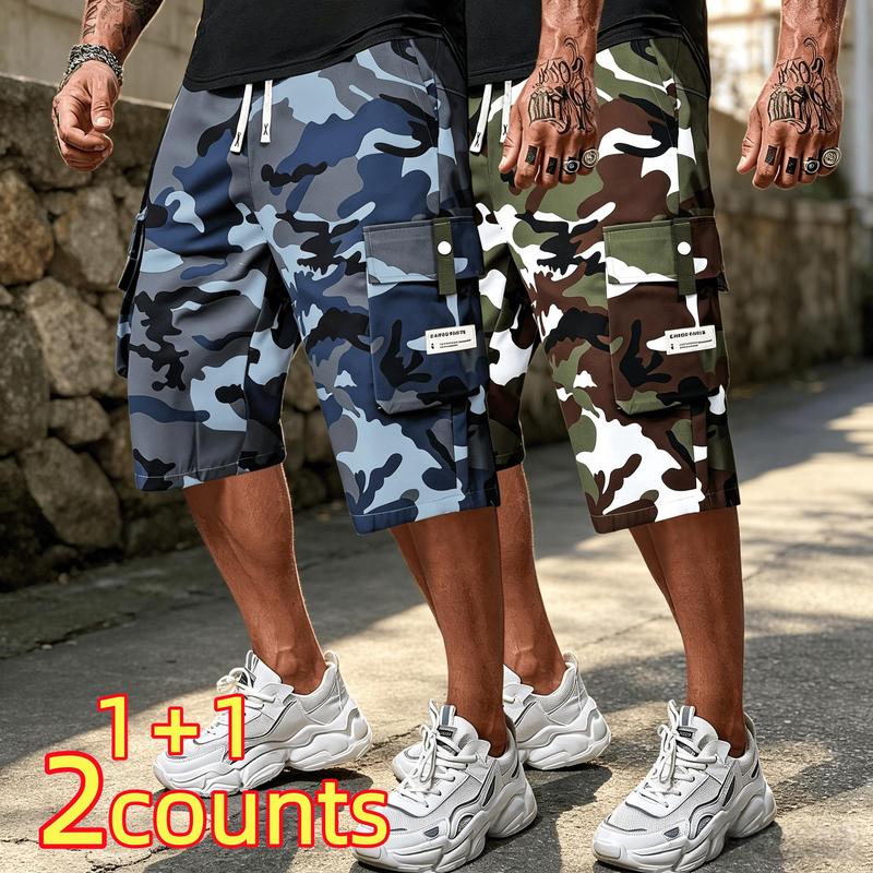 2PC Men's summer camouflage cropped pants, lightweight and breathable, camouflage pattern, with adjustable waist drawstring, flip up workwear pocket, men's workwear shorts, workwear casual, suitable for daily leisure and outdoor activities