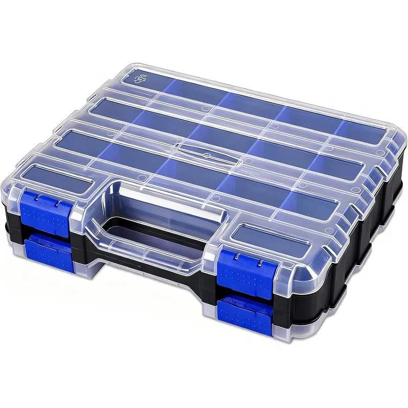 Small parts storage box, toolbox organizer, double-sided 34-compartment hardware organizer, equipped with removable plastic dividers, used for storing screws, nuts, nails, and bolts