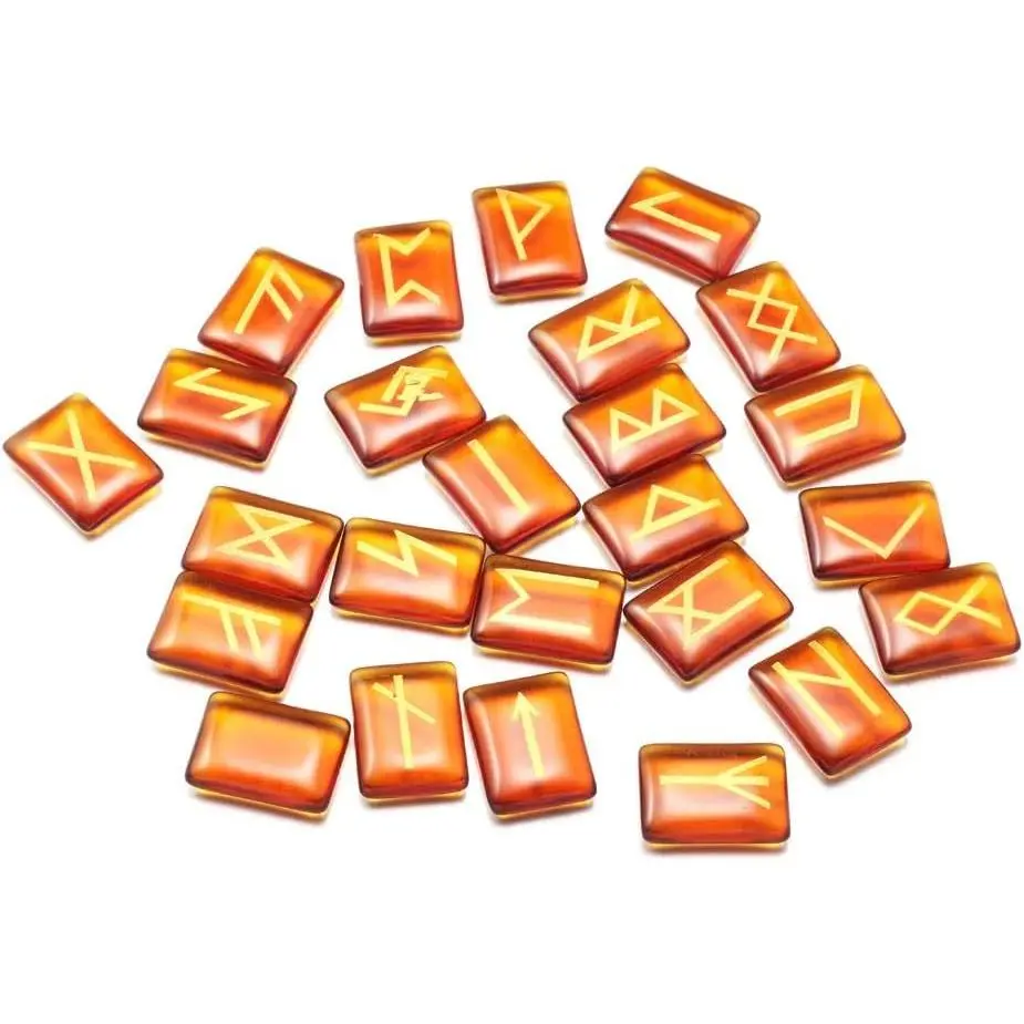 Engraved Elder Futhark Alphabet Rune Stones Set Clear Glass Block for Meditation Divination Healing Chakra Reiki