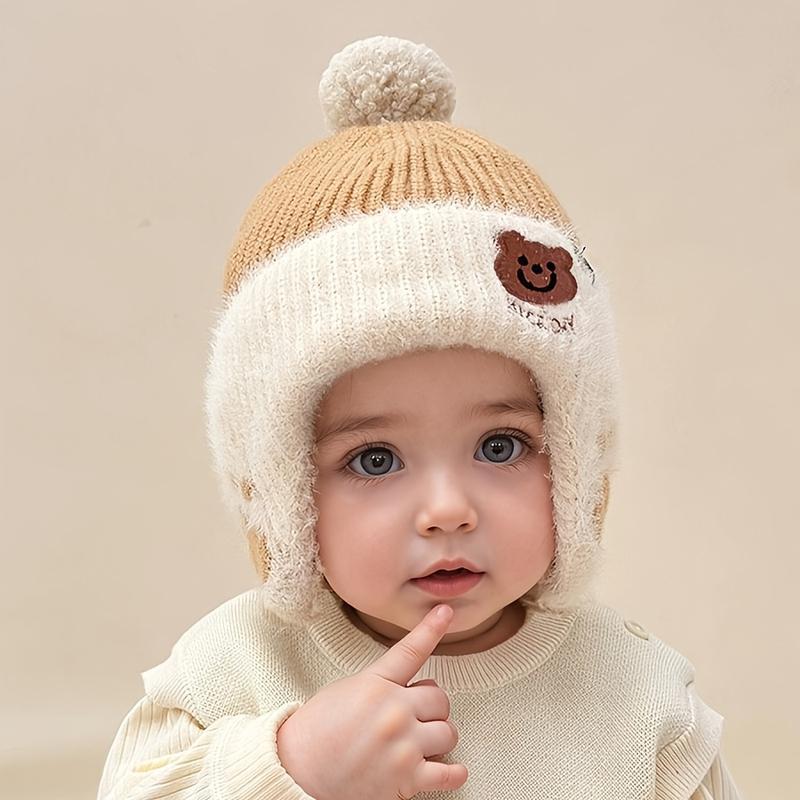 Winter Baby Bean Hat with Bear Ears and Pom-Pom for 1-3 Years Old Kids – Soft Plush Lining, Cute Face Cut, Fluffy Ears, Warm Wool Lining for Neck and Head Protection