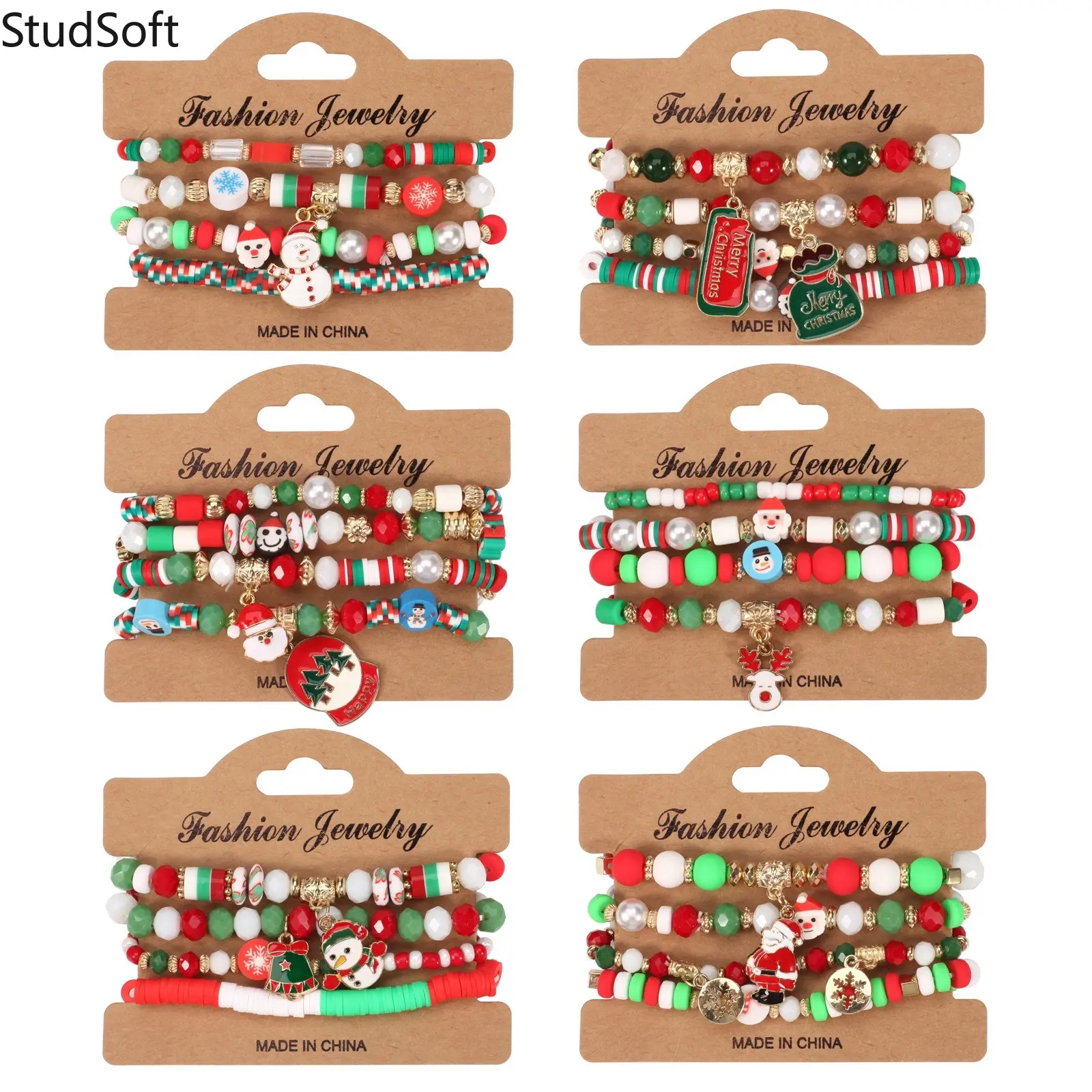 Christmas Bracelet Holiday Red Green White Multilayer Beaded Bracelet Cute Snowman Santa Claus Charm Heishi Clay Bead Elastic Jewelry Gift for Women