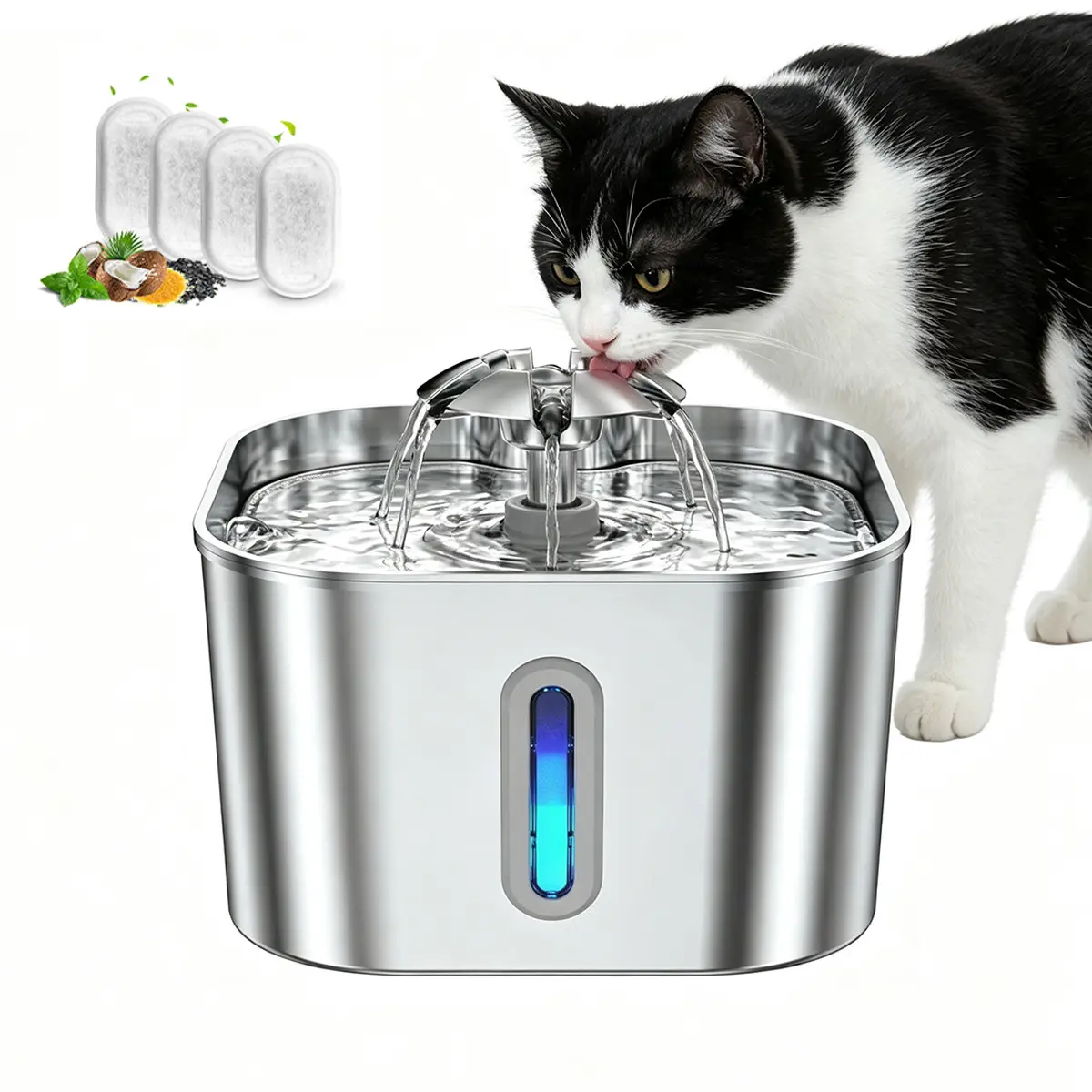 Automatic Cat Water Fountain, 2.2L/74oz Stainless Steel Pet Water Fountains with 4/10 Filters, Ultra-Silent Design for Dogs & Cats