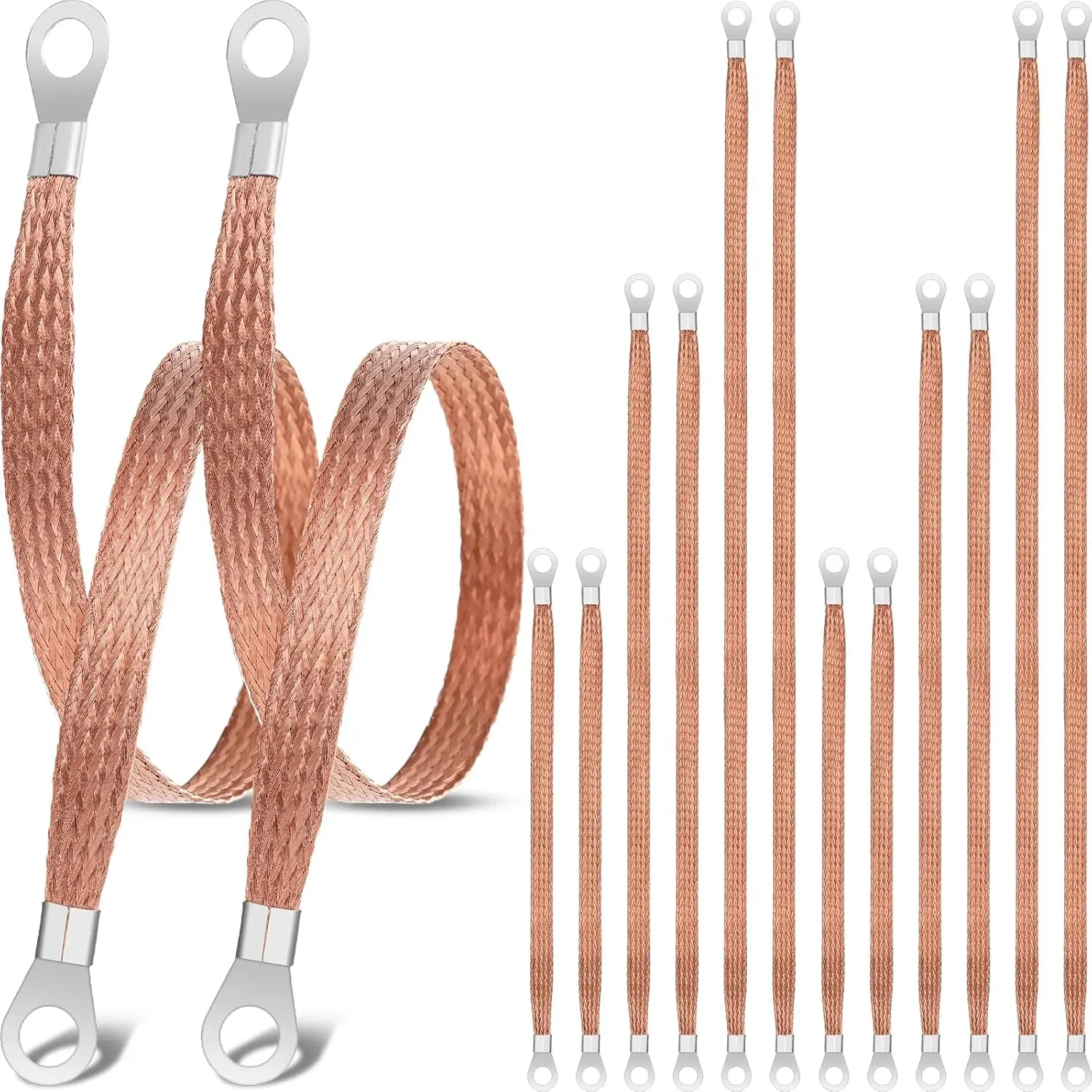 12 Pcs Ground Straps, 10/15/20 Inch Engine Universal Automotive Grounding Cable Straps Kit with Ring Terminals Flat Braided Copper Tinned Copper Ground Wire for Most Cars(Orange)