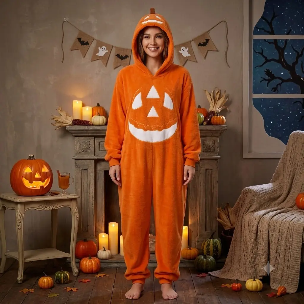 Halloween Pumpkin Onesie Pajama for Adults, Cosplay Jumpsuit Loungewear, Festive Home Wear, Perfect Holiday Gift for Men & Women