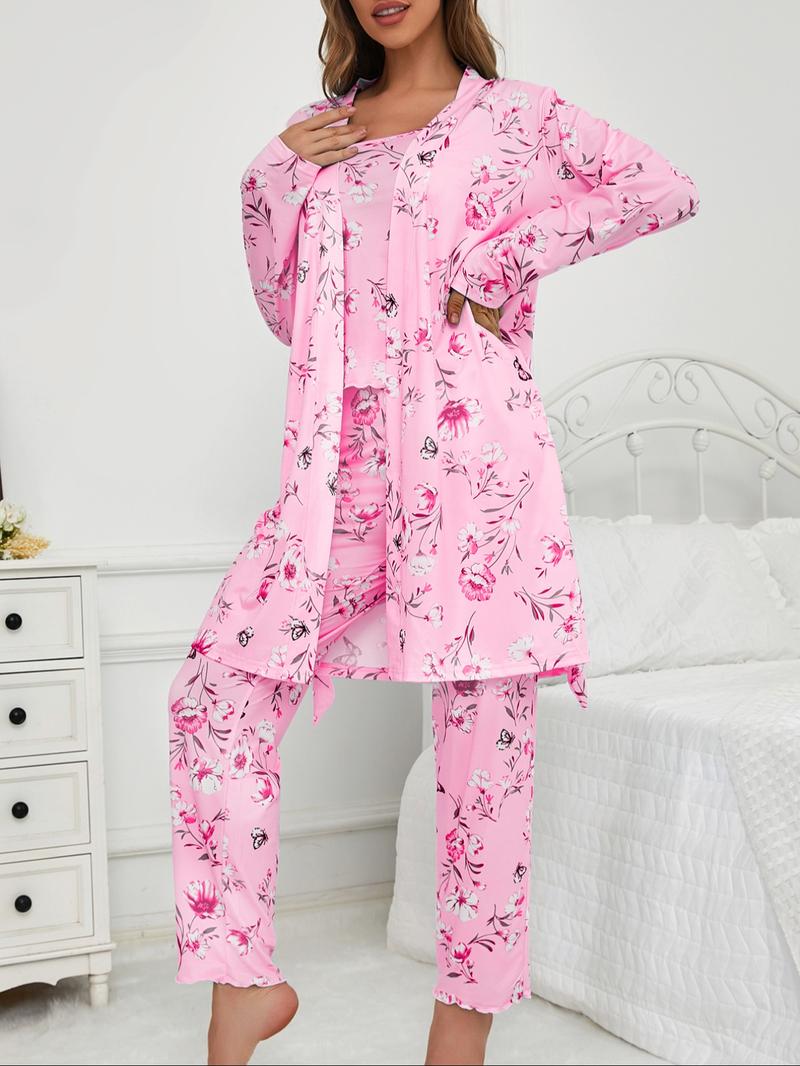 Three-Piece Set Women's Floral Butterfly Print Lettuce Trim Belted Lounge Robe & Cami Top & Pants Pyjama Set, Casual Comfy Three-piece Sleepwear Set for Women, Ladies Sleepwear for All Seasons, Pajama Set