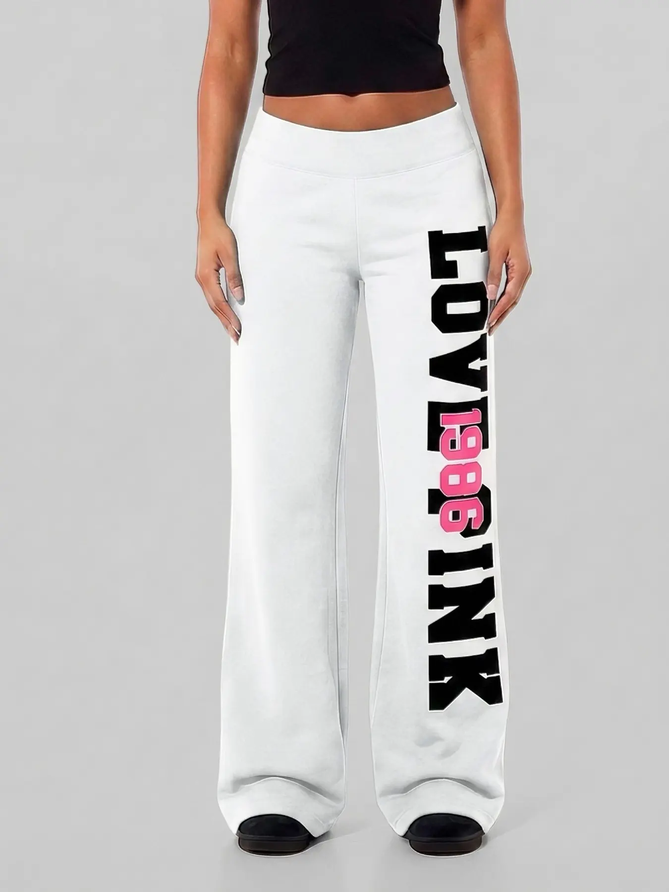 Women White Contrast Letter Print Flare Sweatpants, Elastic Waist Bootcut Wide Leg Jogger Pants Y2K Street Casual Daily Trousers