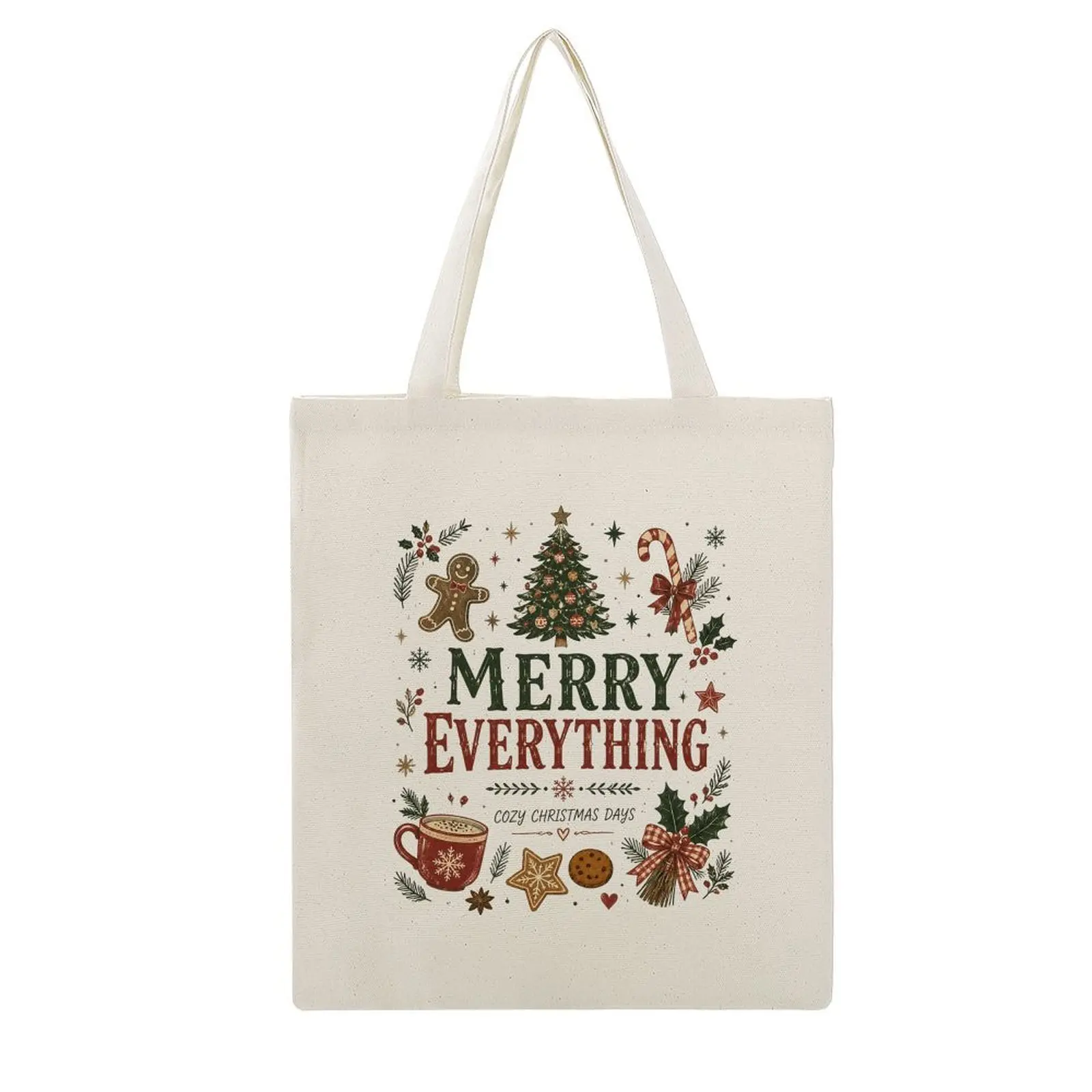 Unisex 13.4×15.8in Natural Canvas Tote Bag - Christmas Print Vintage Gingerbread Tree, Candy Cane, Hot Cocoa Design, Reusable Holiday Festive Shoulder Bag for Grocery Carry, Holiday Decorations