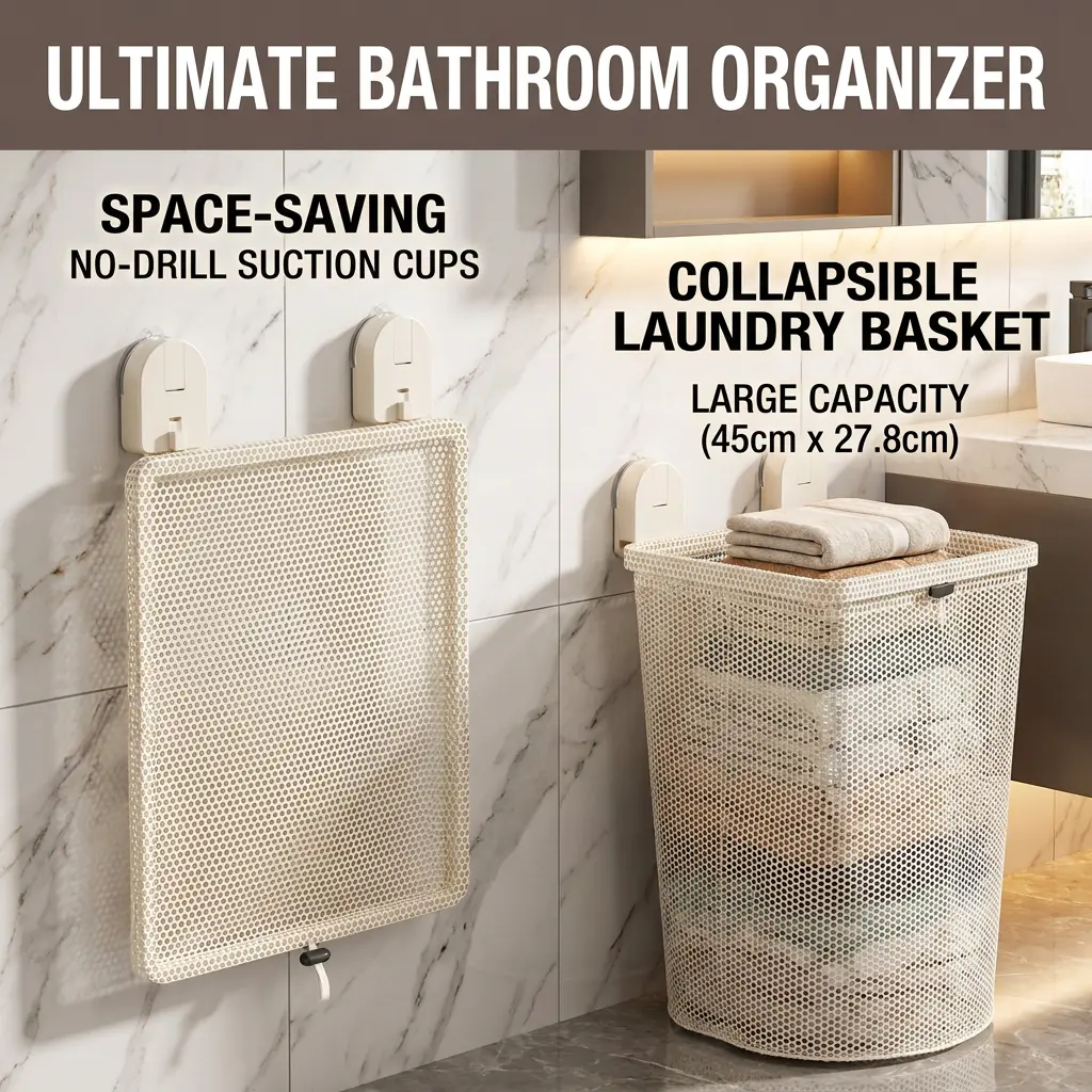 Wall-Mount Laundry Storage Basket, No-Drill Suction Cup Foldable Dirty Clothes Bag for Home Hotel Bathrooms (Indoor Recreation Use)
