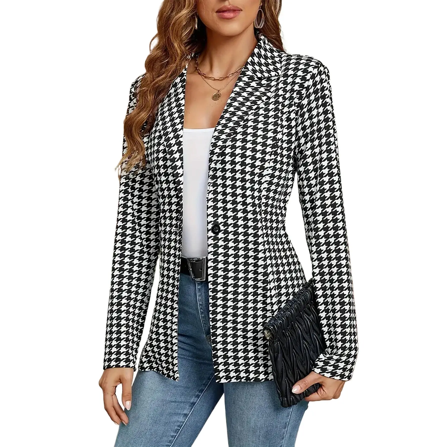 Women's Elegant Houndstooth Cardigan Suit, Fitted Longsleeves with Lapel Collar for Business Casual Office Work Clothes, Fabric, Checkered, Elegance