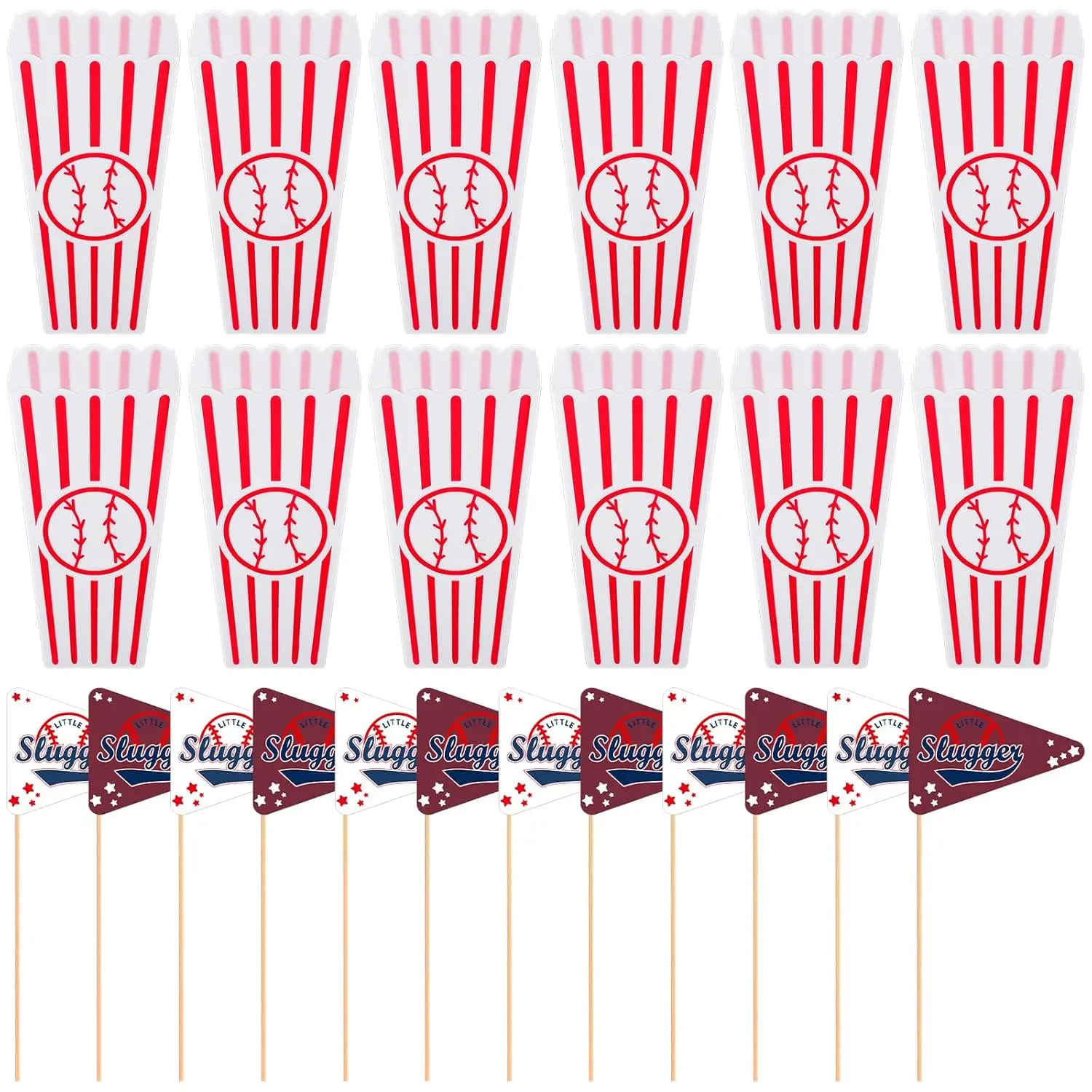 Vicenpal Lightweight Plastic Baseball Party Supplies Set - 12 Box-Packed Gift Boxes, 12 Pennant Flags, Novelty Packaging Gift Bucket for Rookie of The Year First Birthday, Team Senior Night Favors, Box-Packed Party Supplies
