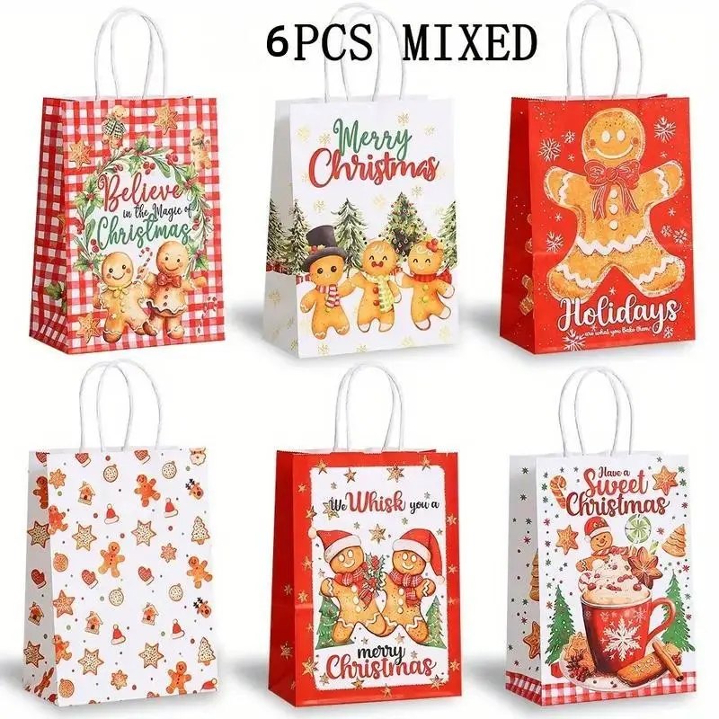 6 Piece Christmas Gingerbread Party Gift Bags, Festive Gingerbread Man Design, Durable Paper Candy Wrappers, //gold/, with Rope Decor