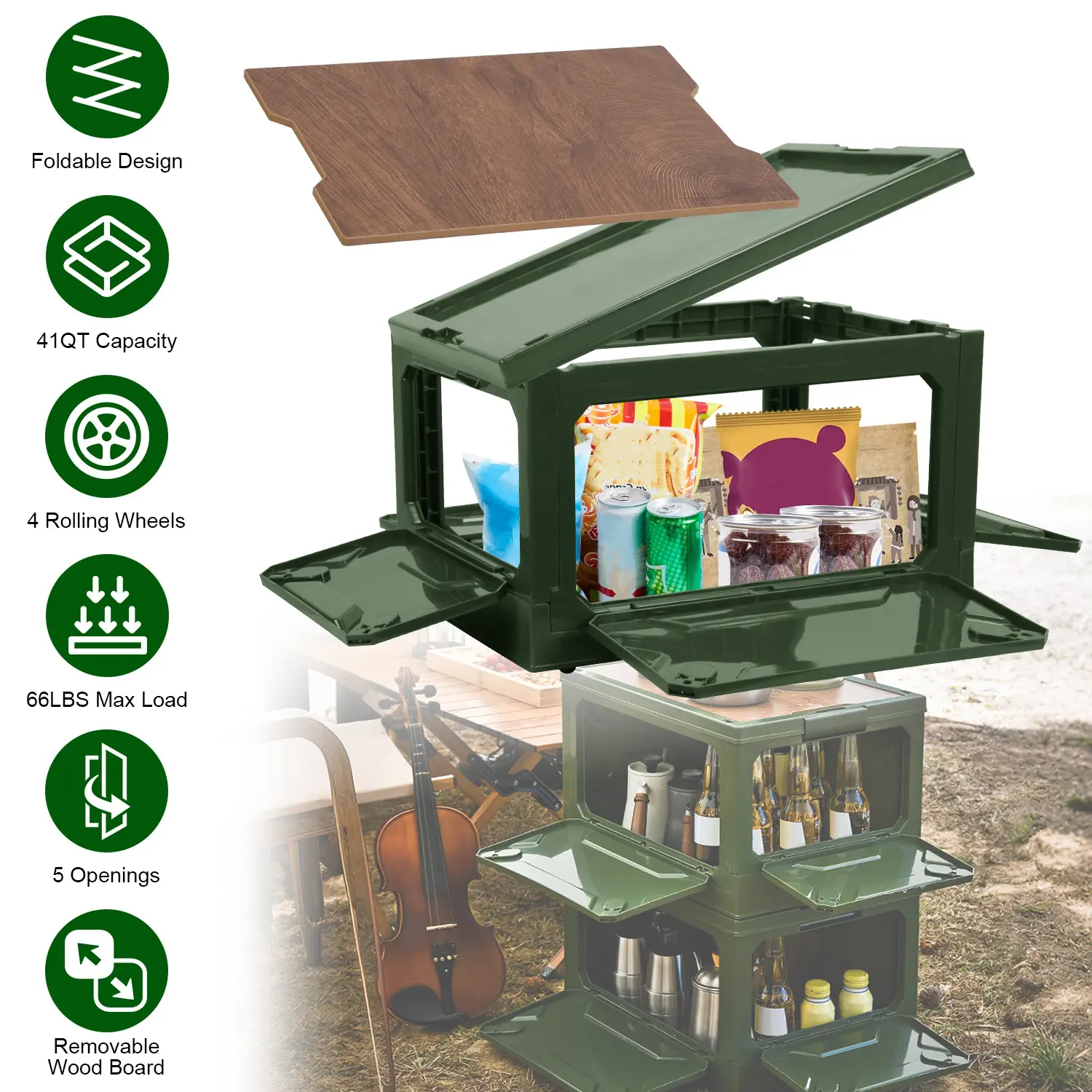 39L PP Plastic Portable Camping Folding Storage Bin - Collapsible Stackable Organizer Box with Cutting Board Top Lid, 4 Side Locking Doors, Wheels for Camping Grocery Organization
