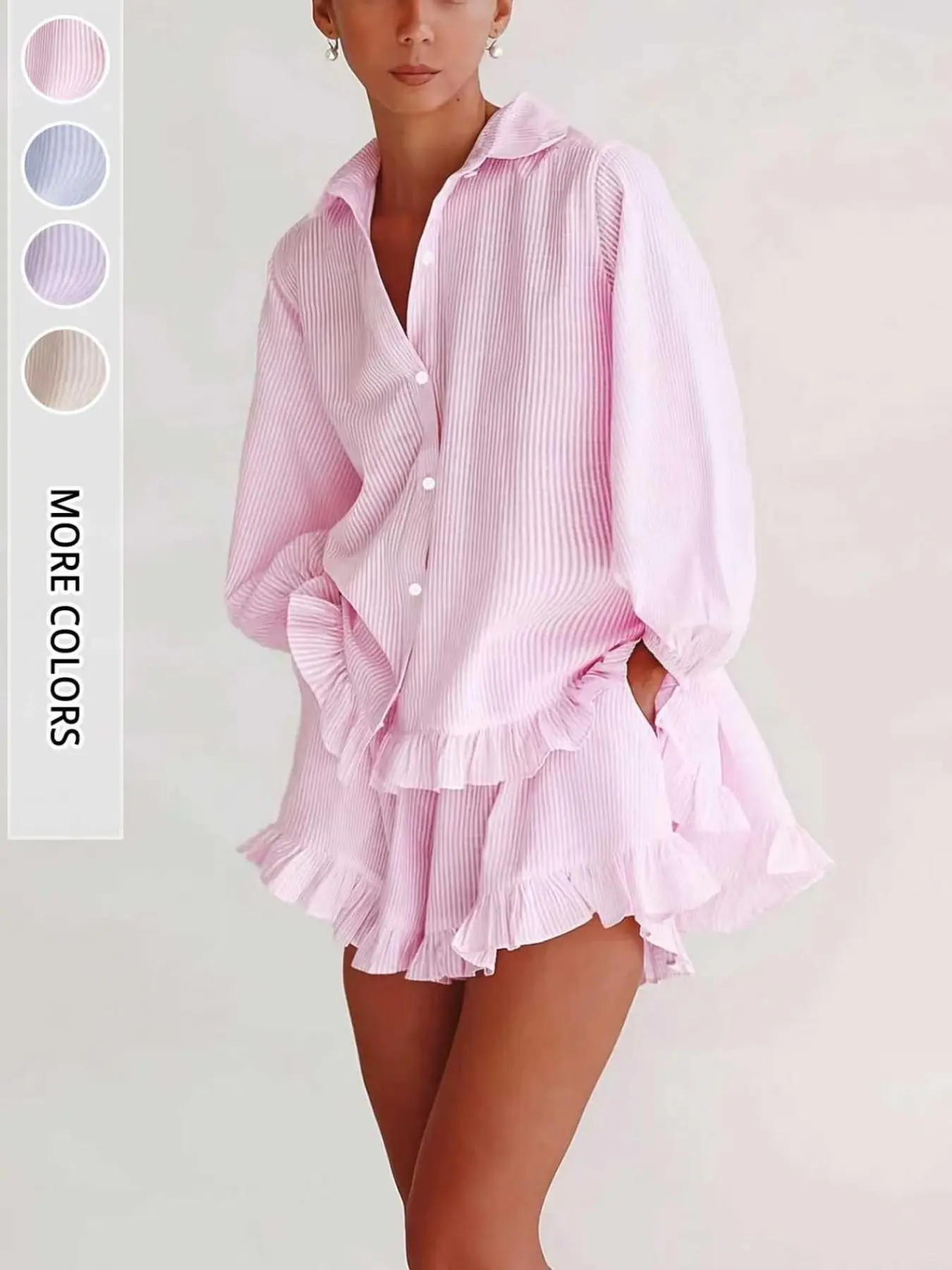 Women's Summer Striped Bubble Sleeve Top Shirt + Ruffle Short Pants Set, Feminine Casual Loose Fit, Sweet Style, Perfect for Dates, Vacations, Daily Wear