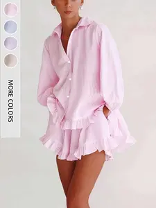 Women's Summer Striped Bubble Sleeve Top Shirt + Ruffle Short Pants Set, Feminine Casual Loose Fit, Sweet Style, Perfect for Dates, Vacations, Daily Wear