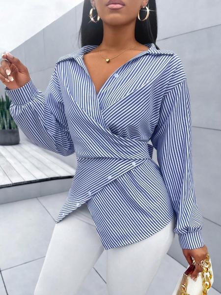 Women's Striped Print Button Front Shirt,Asymmetrical Hem ,Wrap Blouse,Fall Long Sleeve,Lady Clothing,Elegant,Daily Commuting,Going Our,Casual