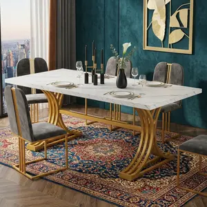 63 Inch Rectangular Dining Table, Modern Faux Marble Tabletop with Sturdy Gold Metal Legs, White & Gold Kitchen Dining Table, Seats 4-6 People for Dining Room Home Decor