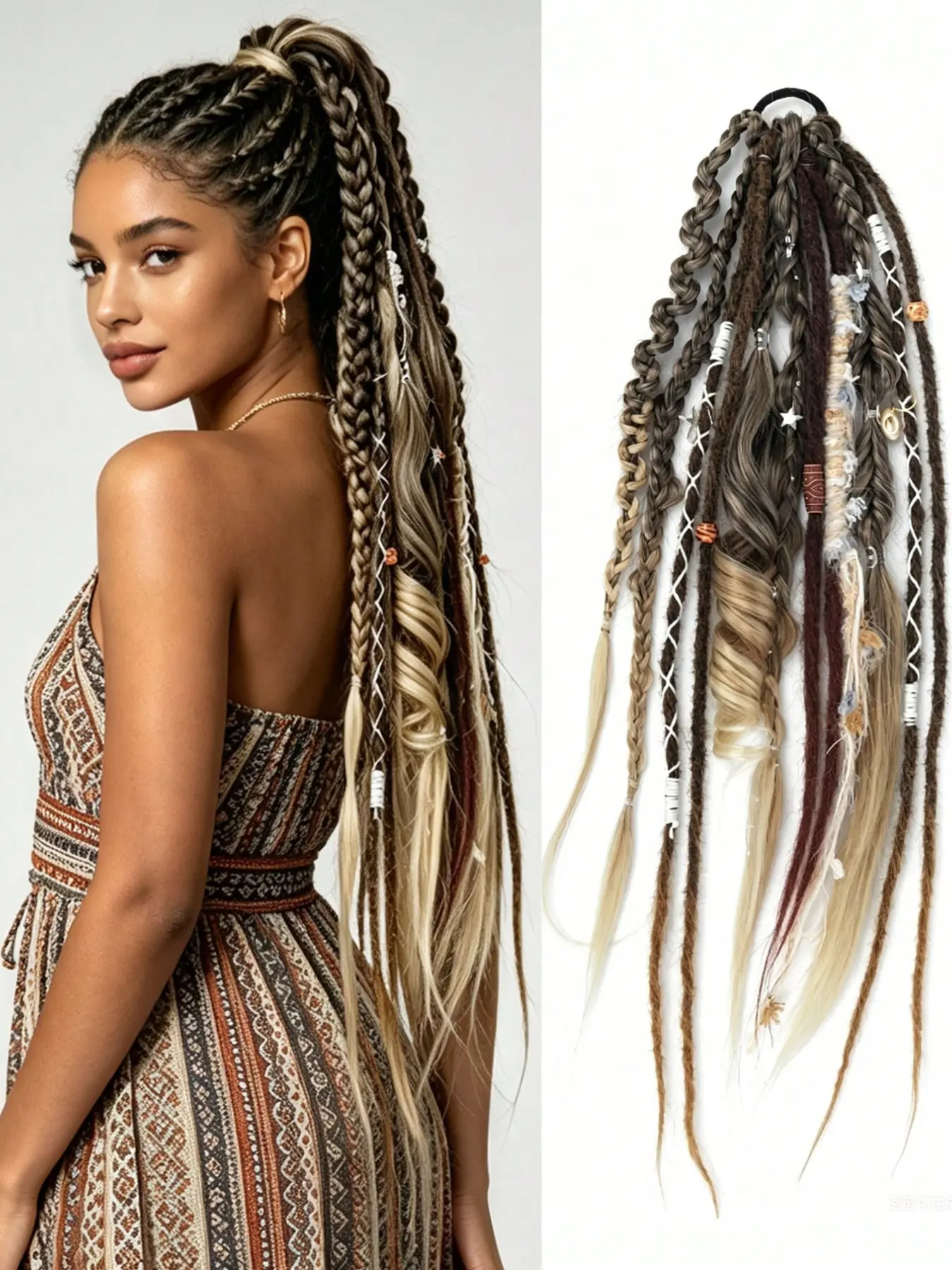 24 Inch Boho Braided Dreadlock Ponytail Hairpiece with Accessories  Instant Elastic Hand-Braided Viking Braid Hairpiece, Long Clip in Braid Hair Tie Extension for Cosplay & Festivals Hairwig