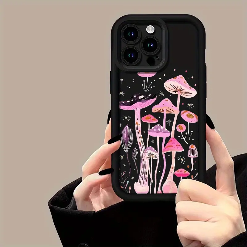 Mushroom pattern phone case TM00418, suitable for iPhone models 16Pro Max, 16Plus, 16, 15, 14, 13, 12, XS Max, XR/X and XSX, stylish design and provides anti-drop and shock protection.