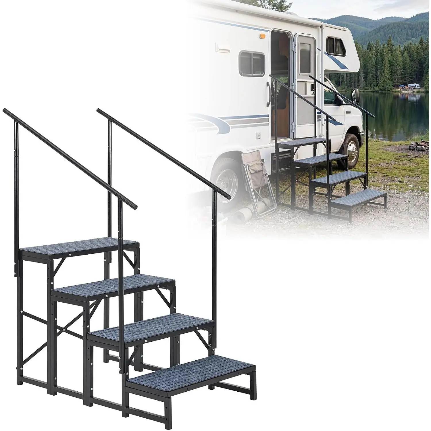 Garvee Heavy-Duty RV Step Ladder with Dual Handrails – 4 Non-Slip Steps – Portable for Camper, Trailer, Mobile Home, Porch, Hot Tub – Durable Black