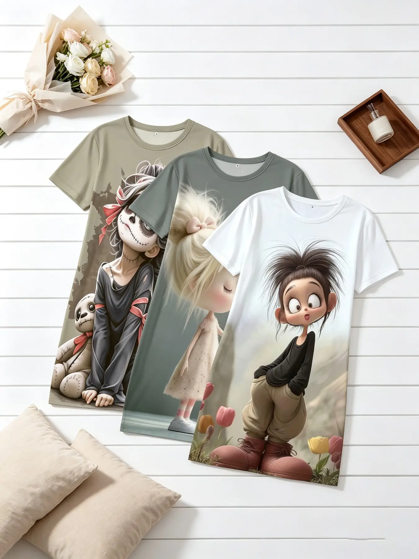 Women's Nightgowns, Nightwear, Loungewear 3 Pack Set 3D Cartoon Doll Skull Character Print Summer Short Sleeve Crew Neck Soft Breathable Lightweight Stretchy Sleep Dress Home Lounge Casual Daily Wear Multipack Sleep Set