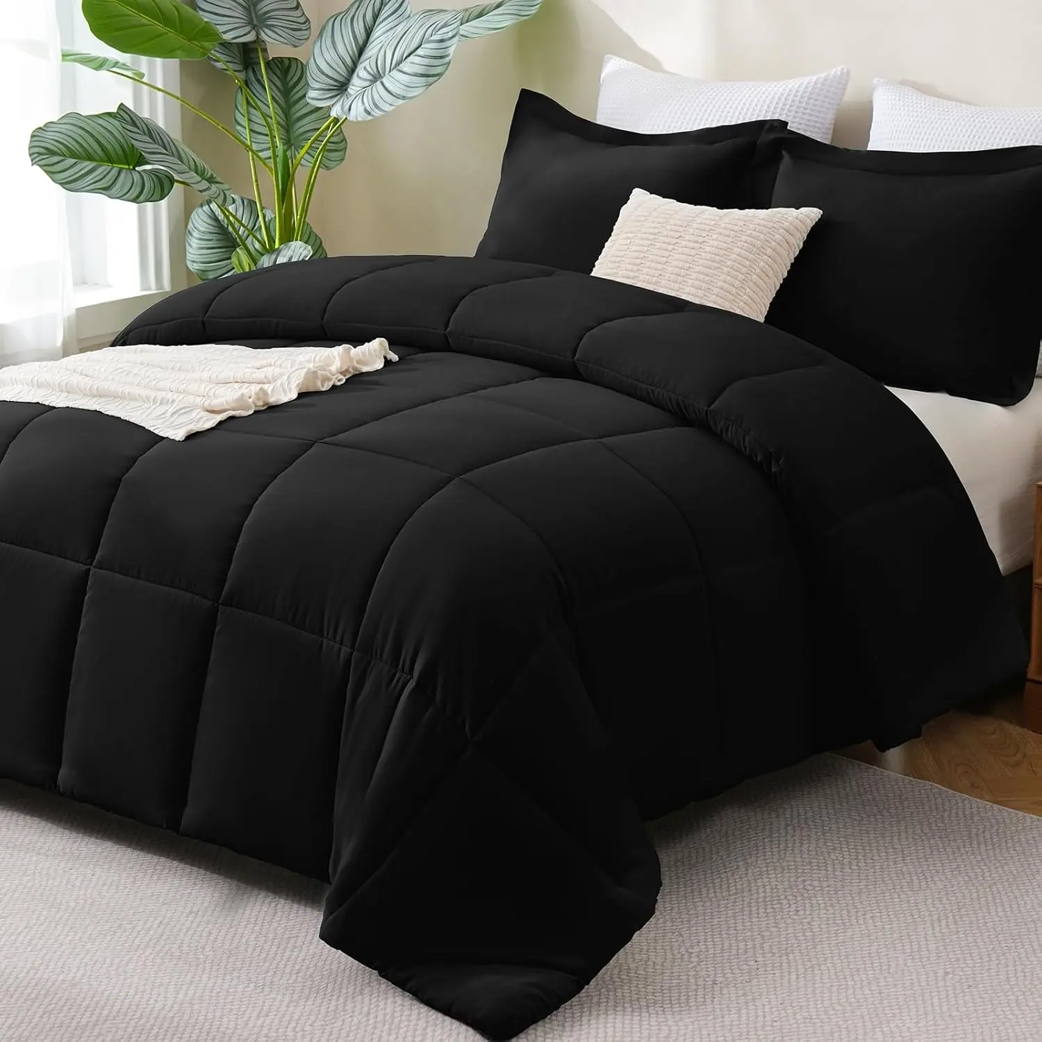Full Size Comforter Sets, 3-Piece Box-Stitched, Black |   270 GSM Down Alternative Fill, 90 GSM Brushed Microfiber Shell, OEKO-TEX Certified, 82 x 86 in Comforter with 2 Pillow Shams