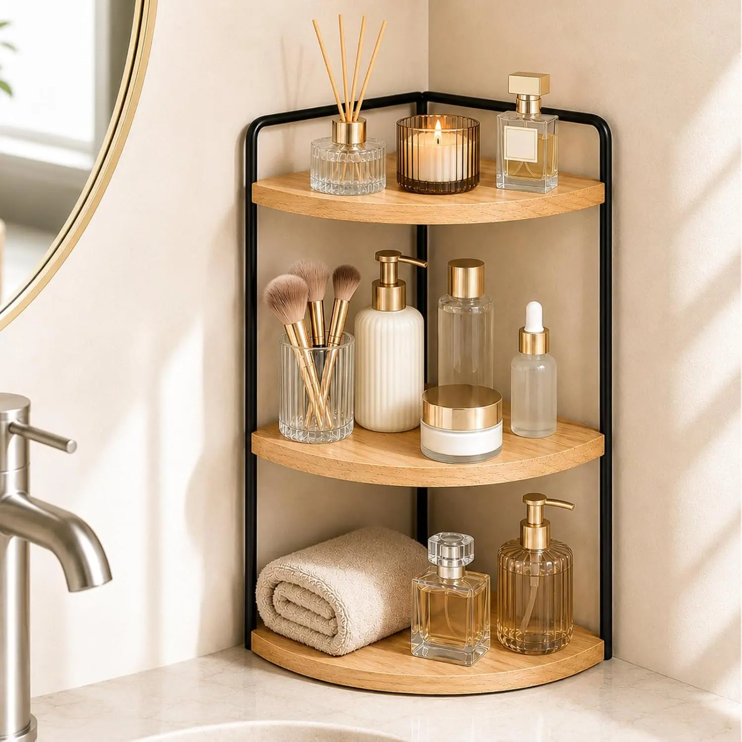 3-Tier Corner Bathroom Countertop Organizer, Solid Pine   Shelf |   solid pine shelves with 6.3 in clearance for tall bottles, skincare, perfume, and daily essentials.