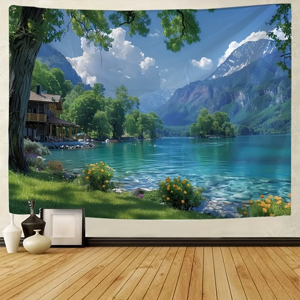 2D Landscape Banner, Stunning Mountains and Rivers, Polyester Material, Metal Grommets, Ideal for Home, Office, Party Decor