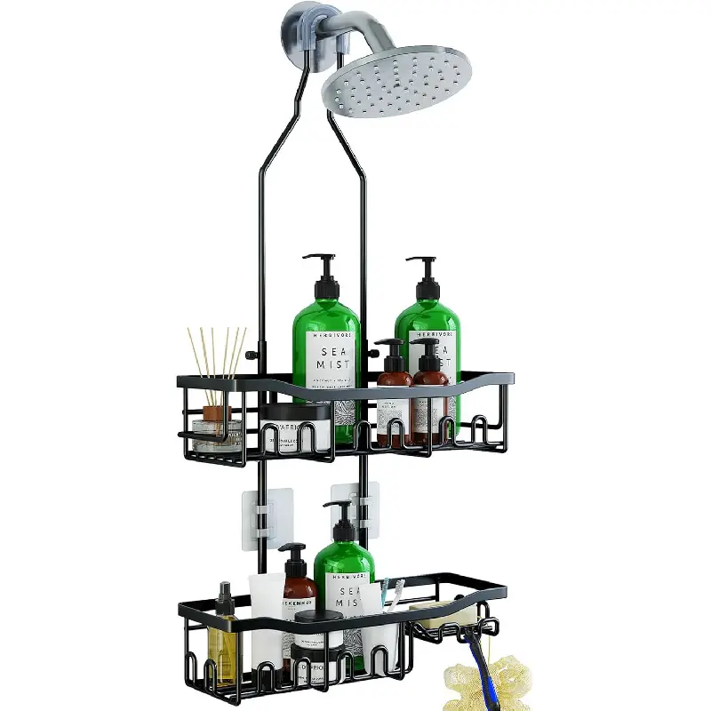 Upgraded Extended Length Hanging Shower Organizer with Extra Multi-Purpose Hooks, Rustproof Metal Shampoo Soap Bottle Storage Holder, Large Capacity Space-Saving Bathroom Shower Caddy, No-Drill Wall Hanging Rack for Bathroom Toiletries Sponge Razor Bath S