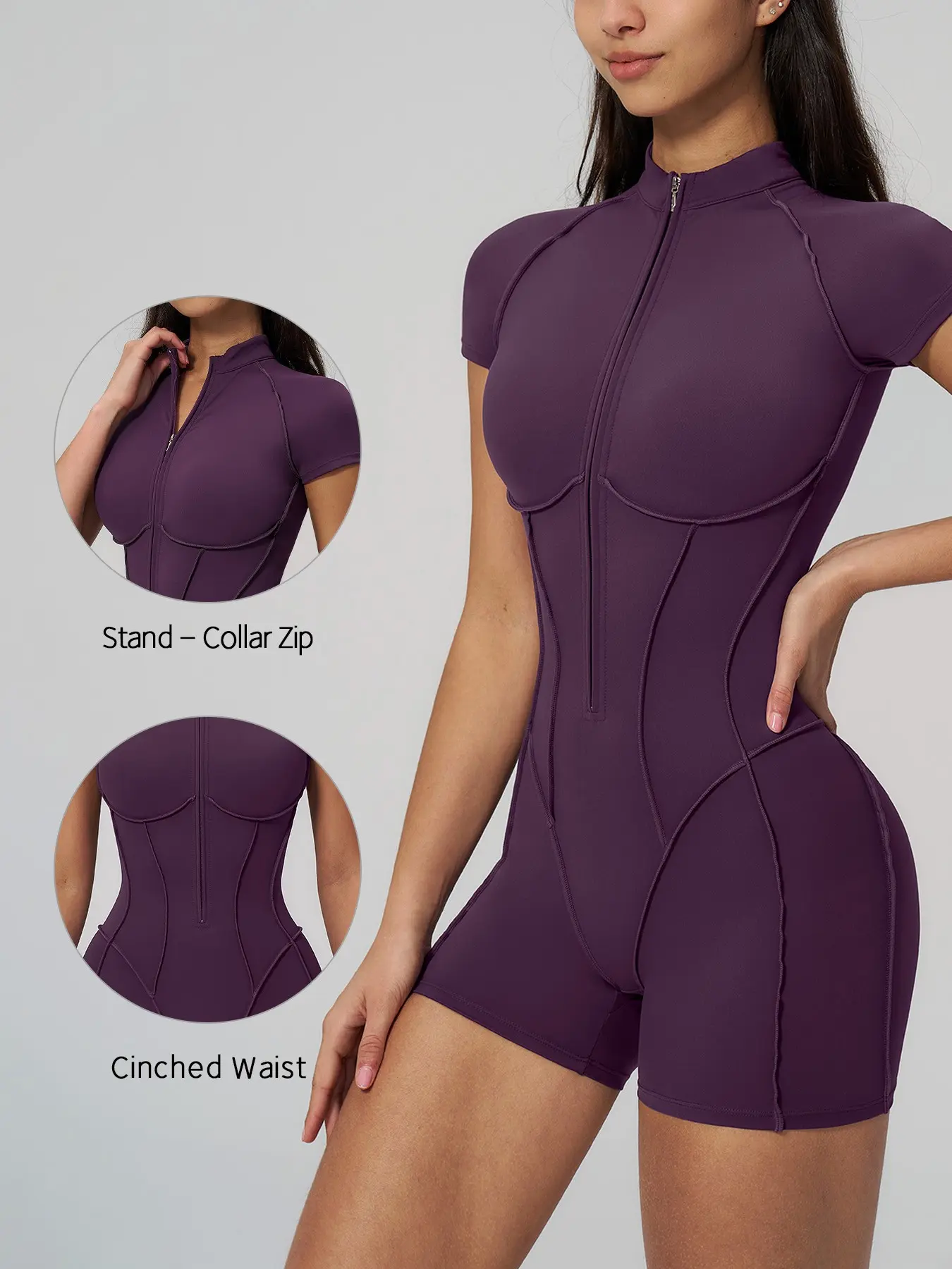 Women's Sportswear Romper, Half-Zip Stand Collar Short Sleeve Yoga Suit, Activewear Jumpsuit, High Elasticity, Breathable, Quick-Dry, Shapewear Design, Yoga Workout Jumpsuits