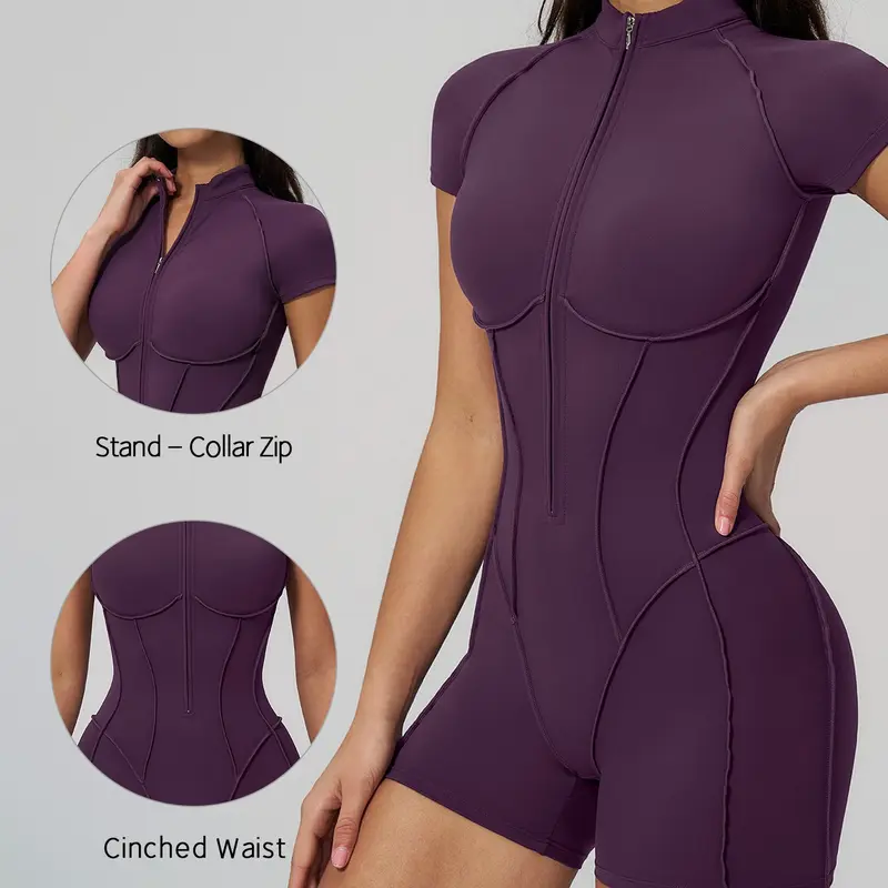 Women's Sportswear Romper, Half-Zip Stand Collar Short Sleeve Yoga Suit, Sporty Yoga Jumpsuit, Activewear Jumpsuit, High Elasticity, Breathable, Quick-Dry, Shapewear Design