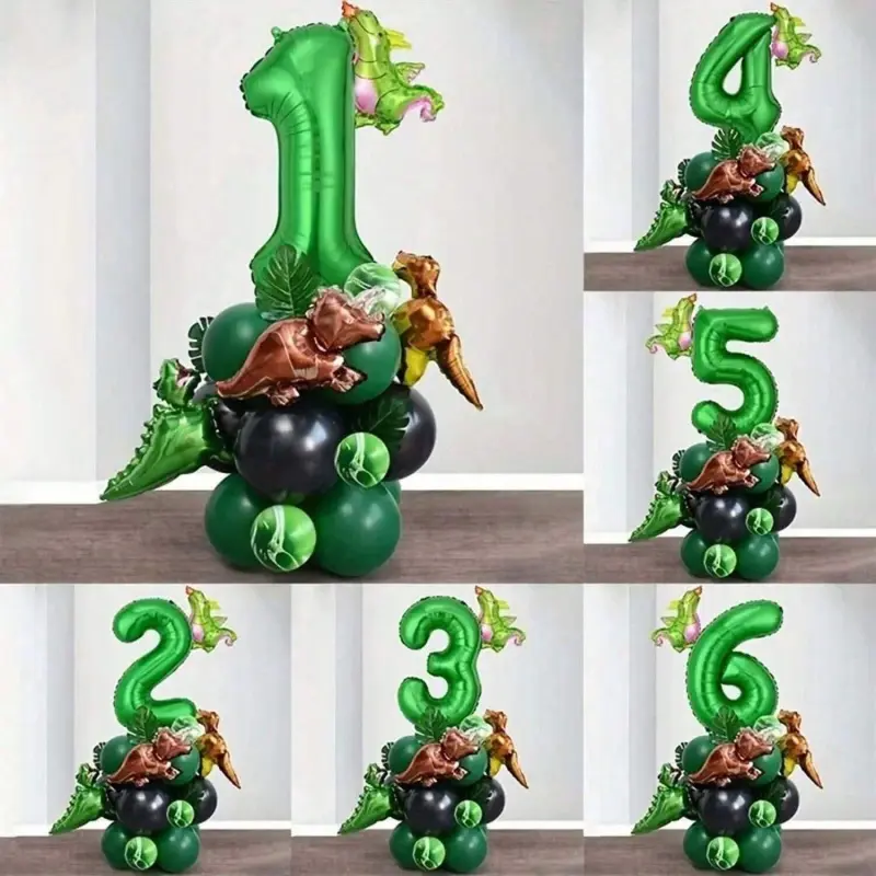 25pcs 32inch Green 1-9 Number Dinosaur Balloon Column Birthday Set, Jurassic Dinosaur Theme Birthday, New Year, Anniversary, and Shower Party Decoration, Birthday Balloons