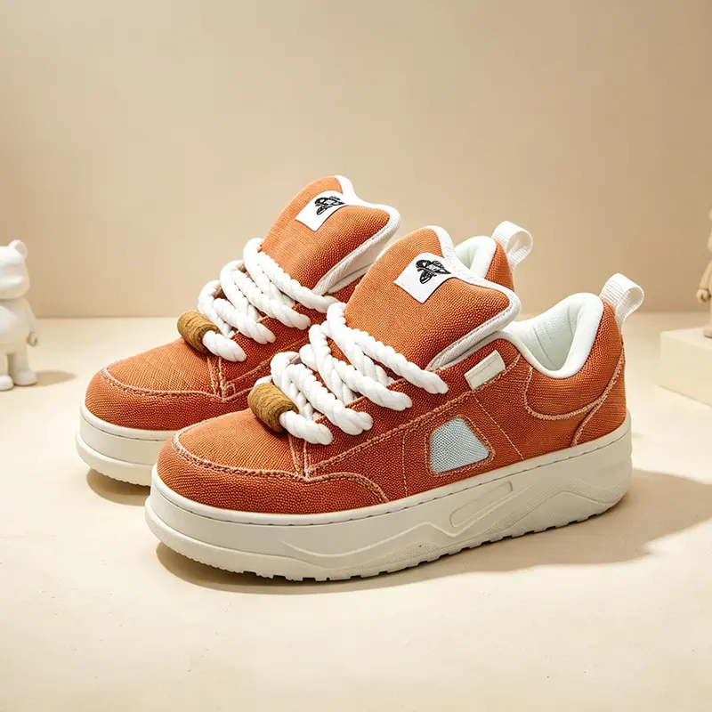 Y2K Retro Unisex High‑Top Chunky Bread Sneakers Orange Washed Denim Canvas Oversized White Rope Laces Cork Ornament Platform Skate Shoes Men Women Vintage Street Casual Footwear