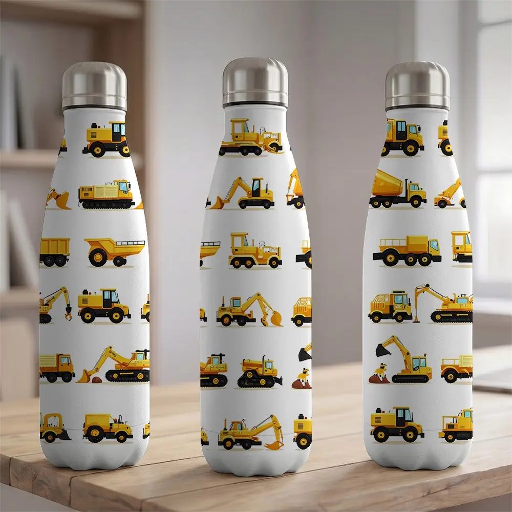 1pc 17oz Stainless Steel Vacuum Insulated Water Bottle 500ml Double Wall Thermal Flask Construction Vehicle Excavator Print Portable Sports Travel Mug For Hiking Camping Outdoor Activities Fits Most Car Cup Holders