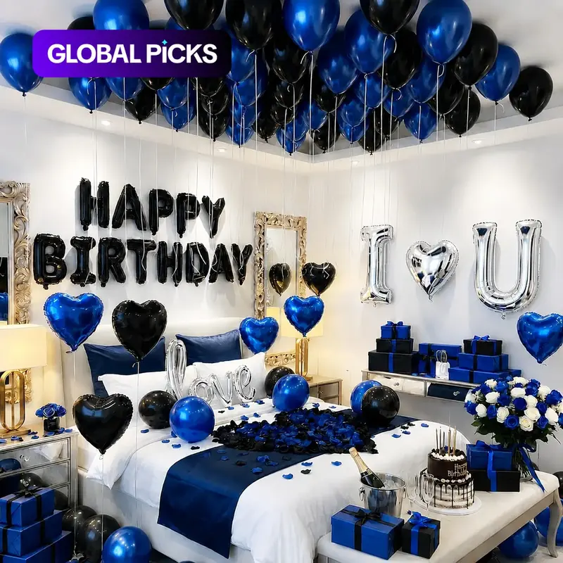 Romantic Birthday Decoration Kit, I Love You & Happy Birthday Foil Balloons, Party Balloons, Balloons with Artificial Rose Petals, Surprise Room Decor for Him, Anniversary, Valentine's Day, Hotel Room #GLOBAL PICKS