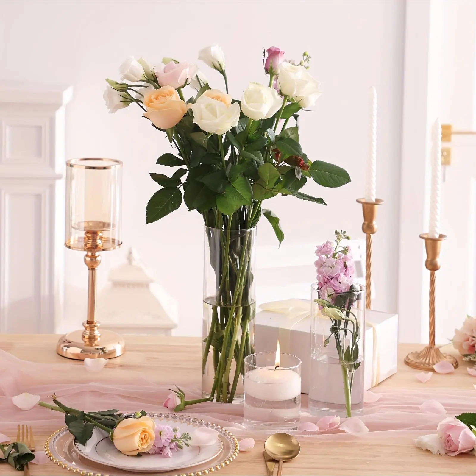 TOMNK 12/20/24pcs Clear Cylinder Glass Vases, Includes 4/5 Sizes, Tall Boho Style Decorative Clear Vases for Wedding Centerpieces, Rustic Home Decor, Formal Dinners Centerpieces, Party Events Floating Hurricane Candle Holder Vases