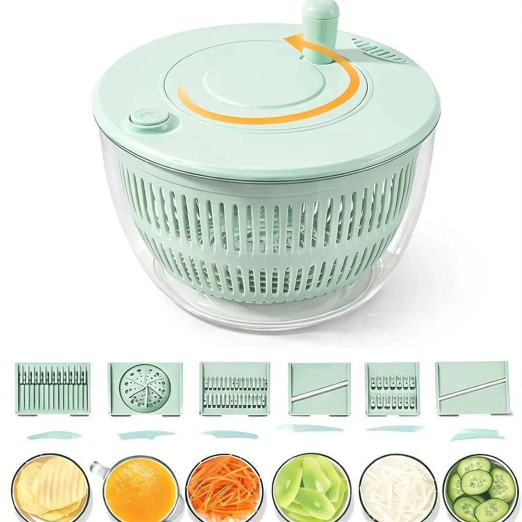 7-Piece Kitchen Gadget Set, Includes Salad Spinner, Vegetable Washer, Chopper, Slicer, Shredder, Grater, Covered Salad Bowl, Practical & Convenient
