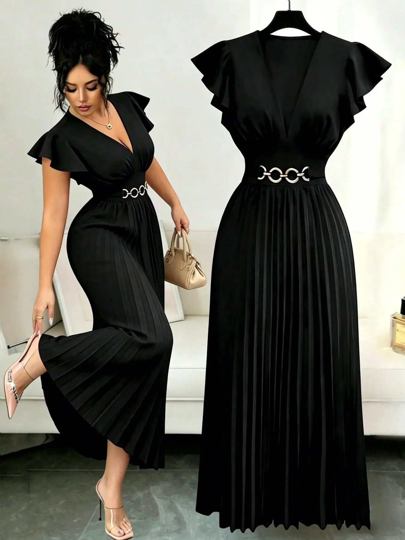 New V Neck Ruffle Sleeve Woven Solid Metal Decoration Button Pleated Design Elegant Young Valentine Party Resort Wine Party Long Dress