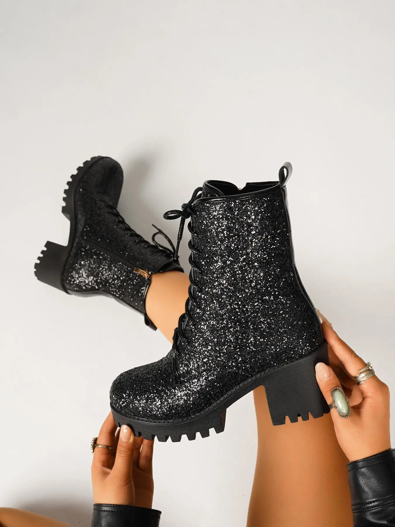Ladies Sparkling Glitter Combat Ankle Boots, Front Lace-Up & Side Zip, Chunky Block Heel, Round Toe, Trendy Party Footwear for Women