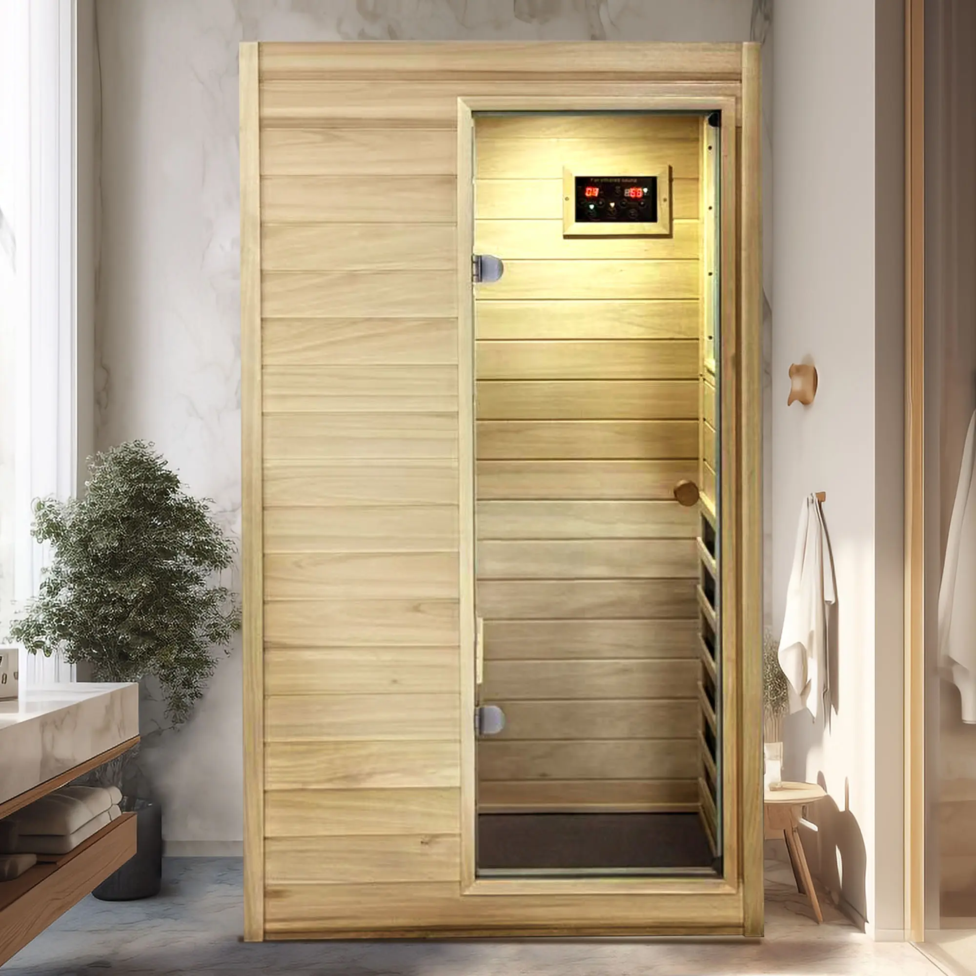 ARCH Far Infrared Sauna Room Natural Wood 1-Person Home Spa Heater with Bluetooth Speaker, Digital Display, Reading Light, 5 Carbon Heating Panels, 905W, 60°C Max, Indoor Relaxation & Detox, 36.61x29.33x62.99 Inches, Natural Wood Color Options