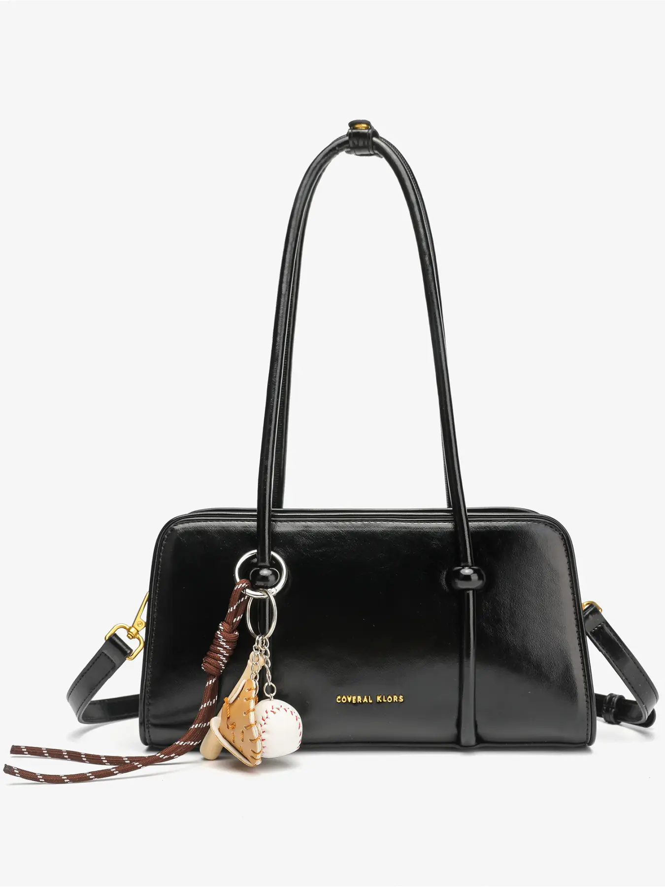 COVERAL KLORS Retro Black Shiny Leather Baguette Shoulder Bag, Baseball Glove Charm Long Top Handle Underarm Bag, Detachable Crossbody Purse For Y2K Daily Street Outfit