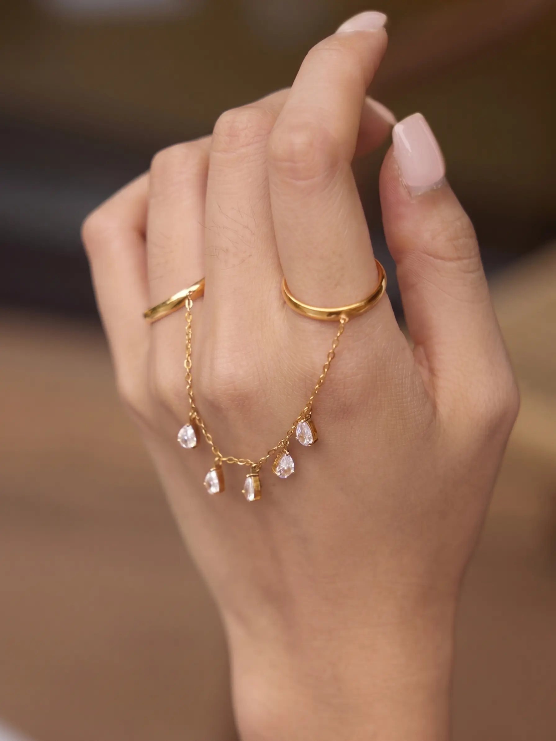 1 Piece Gold‑Plated Stainless Steel Connected Chain Open Ring, Boho Vacation Style, Multi Teardrop Zircon Dangle Chain Design, Waterproof Hypoallergenic Decor Ring, Party Jewelry for Women Beach & Party Occasions