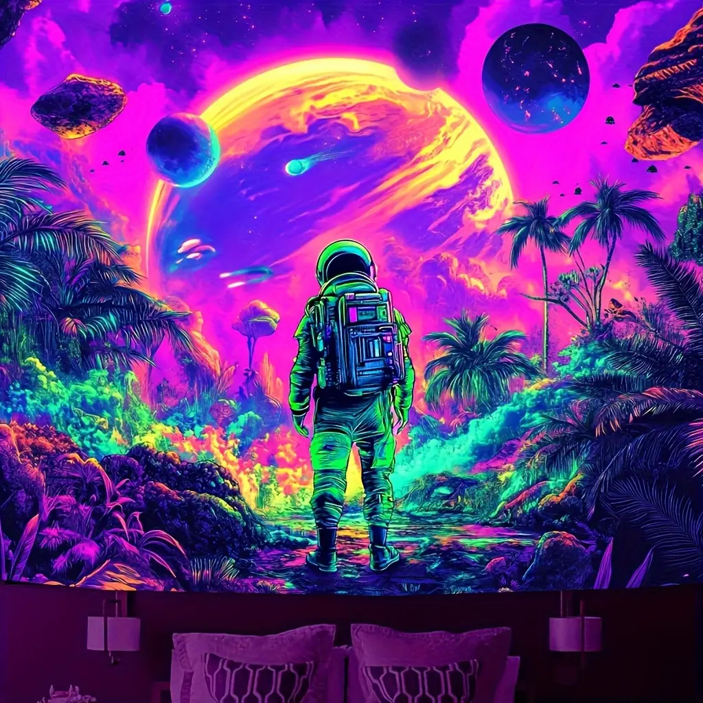 Interstellar Astronaut Rectangular Tapestry - UV Reactive Synthetic Polyester Party Backdrop, Glow-in-the-Dark Space Wall Hanging, No-Electricity Summer Home Supply, Cool Room Decor with Glowing Effect, Wall Decor